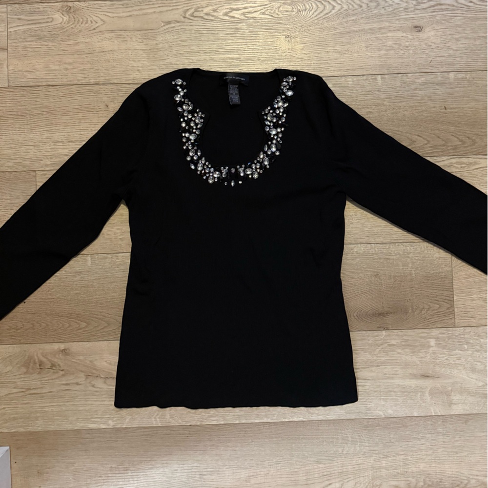 Embellished Black Cable & Gauge Sweater with Crystal Accents